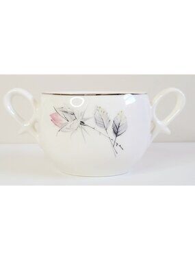 MCM Porcelain Sugar Bowl Pink & Gray Floral Design Silver Trim Vtg Tableware